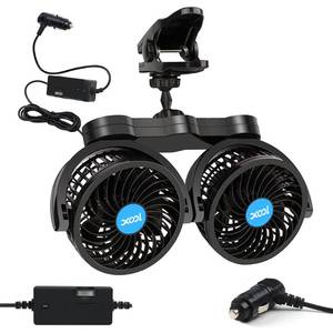 lot 10245 image: XOOL Clip Car Fan, Adjustable Dual Head 4 Inches 12V Fan for FrontRear Seat Passenger, 360° Rotatable Electric Car Cooling Fans with Stepless Speed Regulation for SUV, RV, Vehicles