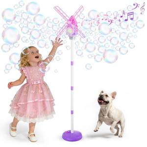 lot 11816 image: Belemar Windmill Bubble Machine for Kids, Summer Pool Party Bubble Blower with Lights and Music, 51in Adjustable Height, 130ml Tank, Bubble Solution Included, Outdoor Toy for Parties and Birthdays (Used)