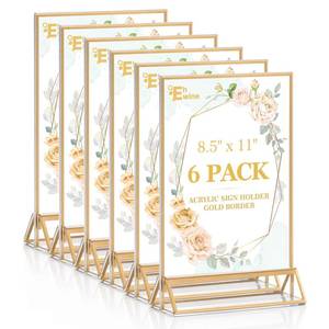 lot 11825 image: EHWINE 6 Pack 8.511 Clear Acrylic Sign Holder with Gold Borders and Vertical Stand, Double Sided Table Menu Holders Picture Frames for Wedding Table Numbers, Restaurant Signs, Photos and Art Display