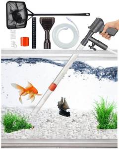 lot 11829 image: QZQ Aquarium Gravel Cleaner 2026 Edition Vacuum Fish Tank Vacuum Cleaner Tools for Aquarium Water Changer with Aquarium Thermometers Fish Net kit Use for Fish Tank Cleaning Gravel and Sand (Used)