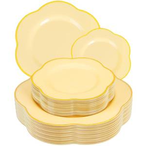 lot 11845 image: Liacere 50PCS Yellow Plastic Plates - Heavy Duty Yellow Disposable Plates -Yellow and Gold Plates Include 25PCS 7inch Desert Plates and 25PCS 10inch Dinner Plates for Party and Baby Shower and Wedding