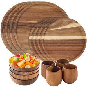 lot 11846 image: 16 Pcs Acacia Wood Dinnerware Set, Includes 4 pcs 9.8-in Round Plates, 4 pcs 7.9-in Round Plates, 4 Solid Wood Bowls, and 4 Tea Cups, Easy to Clean and Lightweight, Perfect for Meals, Snacks and Desserts