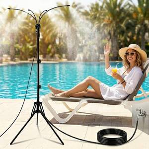 lot 11860 image: Ovrimelle Stand Misters for Outside Patio, 40.55in-62.99in Adjustable Height Outdoor Stand Up System with 26FT Hose, Portable Water Misters for Mist Playing,Patio Cooling,Backyard,Sprinkler