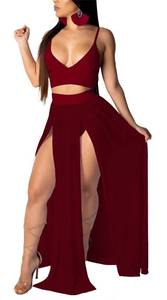 lot 12015 image: Sexy Dresses for Women 2 Piece Outfits Chiffon Strap Deep V Neck Bra Crop Top High Split Maxi Dress Skirt Set Beachwear Wine Red L