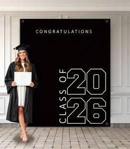 lot 12016 image: Class of 2026 Graduation Banner 5X6feet - Large CONGRATS GRAD Polyester Banner, Photo Backdrop and Wall Decor for Commencement Party Supplies, Black and White Graduation Party Decorations for High School and College