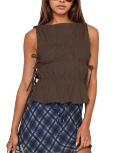 lot 12029 image: calbatic Women Polka Dot Sleeveless Peplum Tops Side Bow Tie Ruched Smocked Tank Tops Boat Neck Summer Going Out Shirts Size Medium