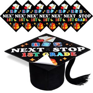 lot 12035 image: Gersoniel 24 Pcs Kindergarten Graduation Cap Stickers Sheet for Kids, Easy to Use Next Stop First Grade Graduation Cap Toppers, No DIY Grad Hat Decorations for Preschool Kindergarten Party (Black)
