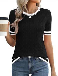 lot 12044 image: Micoson Womenfts Short Sleeve Sweater Top, Cable Knit Crewneck Shirt Black White Stripe (Size Medium)