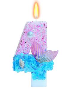 lot 12073 image: Mermaid Themed Birthday Candles, Number 4 Girls Glitter Birthday Party Supplies,Anniversary Party Decor,2.87 inch Cake Topper Decorations (Mermaid Themed, Number 4)