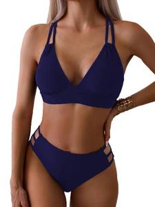 lot 12083 image: Tainehs Womenfts Push Up V Neck Bikini Sets Criss Cross Back Two Piece Bathing Suit Navy Blue Size Medium