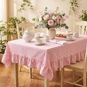 lot 12096 image: Mindsoft Pink Striped Ruffled Rectangular Tablecloth 60 x 120 Inches