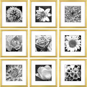lot 13589 image: Yaetm Gold 12x12 Picture Frames Set of 9, Square Frame Displays 8x8 with Mat or 12x12 without Mat, Gallery Wall Frame Set for Wall Mounting (9 pack, Gold)