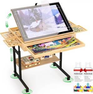 lot 13596 image: CEDARDVD Wooden Puzzle Table with Storage for 300-1500 Piece Puzzles � Adjustable Height and Tilt, Felt Cover, Metal Stand, Lockable Wheels, Perfect for Puzzle Lovers and Adults (Puzzle Table-M)