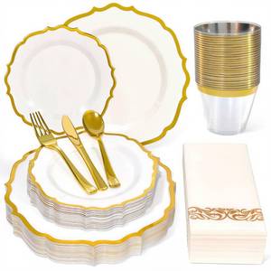 lot 13604 image: Glowserve 175 Piece Disposable Plastic Plates Dinnerware Set for 25 Guests