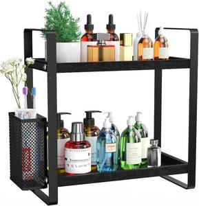 lot 13610 image: LEMIKKLE Bathroom Organizer Countertop, Counter Organizer for Bathroom Decor, Wooden Sink Shelf for Vanity Storage, Makeup Tray for Perfume Skincare Bedroom Kitchen Corner (Black)