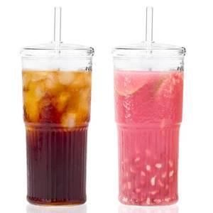 lot 13611 image: GOSCHE Glass Cups with Lids and Straws, 20oz Glass Cups Drinking Jar, Clear Iced Coffee Cups, Vintage Ripple Glass Tumbler for Water Coffee Tea, Clear, 2Pcs