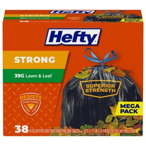 lot 13624 image: Hefty Strong Lawn and Leaf 39 Gallon Trash Bags, Heavy Duty, Black, 38ct