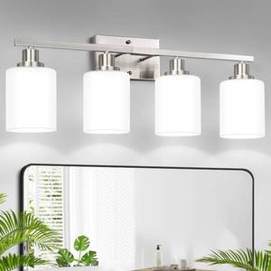 lot 13632 image: MOKATNG 4-Light Vanity Light with Milky White Shades, Brushed Nickel Bathroom Lighting Fixtures Over Mirror, Modern Bathroom Wall Lamp for Mirror Living Room Cabinet Bedroom