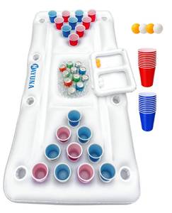 lot 13634 image: NAYUNA Floaty with Cooler and 20 Party Cups - Inflatable Pool Table Summer Party Pool Games Accessories for Adults 6 Feet Inflatable Pool Lounge Float, 4 Ping Pong Balls, 20 Cups