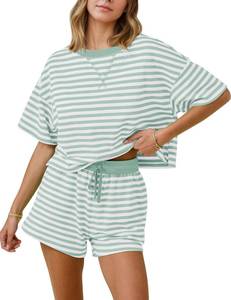 lot 14122 image: MISSACTIVER Womens Lounge 2 Piece Sets Summer Striped Matching Pajamas Set Short Sleeve Oversized T Shirts Drawstring Shorts Large