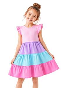 lot 14132 image: HILEELANG Girls Cotton Tiered Dress Flutter Ruffle Sleeve Flowy Swing Sundress Summer Casual Birthday Party Outfit Colorblock Pink Purple Blue for Kids 2�12 Years