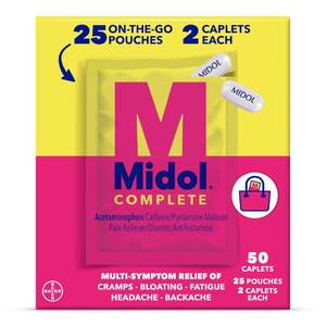lot 14151 image: Midol Complete On The Go Caplets with Acetaminophen for Menstrual Symptom Relief, Period Cramp and Menstrual Pain Relief, 50 Count (25 Pouches of 2)