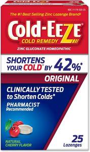 lot 14152 image: Cold-EEZE Natural Cherry Zinc Lozenges, Homeopathic Cold Remedy, Reduces Duration of the Common Cold, Sore Throat, Cough, Congestion and Post Nasal Drip, 25 Count
