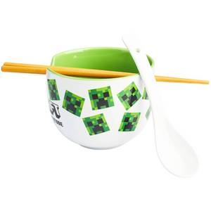 lot 14175 image: Get Trend Minecraft Ramen Bowl 3 Pc Set with Bamboo Chopsticks, Spoon for Kids Teens Adults, 20oz Bowl, Microwave Safe, Creeper Gamer Gifts for Boys (Multi Minecraft) (Chipped Bowl)