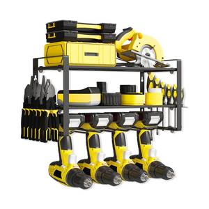 lot 19960 image: HomeCurated Power Tool Organizer Wall Mount, 3-Tier Heavy Duty Metal Rack Loads 180lbs with 4 Drill Holders and Side Hooks, Tool Battery Utility Rack Suitable Garage