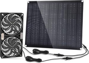 lot 19971 image: Solar Prowered Fan, 30W Solar Fan, Solar Panel Fan kit, Solar Exhaust Fan, Suitable for Small Chicken coops, Greenhouses, Sheds, Pet Houses (Minor Cosmetic Damage)