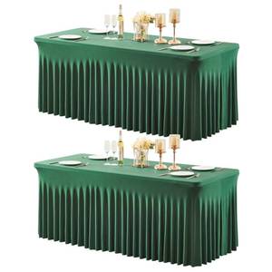 lot 19995 image: 2 Packs Green Table Clothes for 8 Foot Rectangle Tables, Wrinkle Resistant Stretch Spandex Table Covers Fitted Tablecloth with Skirt for Easter Event Banquet Wedding Birthday Party