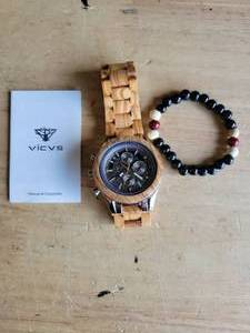 lot 20101 image: Vicus Chronograph Watch with Wood Band and Beaded Bracelet