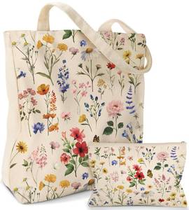 lot 20105 image: Miss Adola Aesthetic 2 Pack Canvas Tote Bag - with Makeup Pouch Zipper Bag for Women Retro Flowers Reusable Grocery Cotton Cloth Shoulder Bag for Gym, Travel, Work