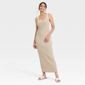lot 20223 image: Womens Knit Midi Tank Dress - A New Day TanWhite L Cotton Modal Spandex Blend, Pullover, Sleeveless