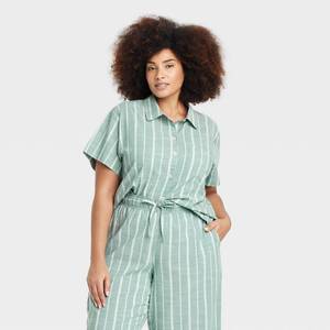 lot 20234 image: Womens Striped Cotton Blend Short Sleeve Pajama Shirt - Auden Green 4X