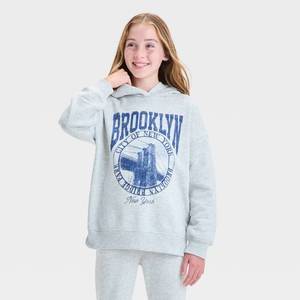 lot 20241 image: Girls Fleece Hoodie - art class Heather Gray XS Cotton Blend, Recycled Polyester, Oversized Fit, Kangaroo Pocket