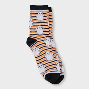 lot 20251 image: Womens Striped Fuzzy Ghost Halloween Crew Socks - Hyde and EEK Boutique BlackWhiteOrange 4 -10