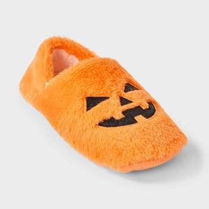 lot 20260 image: Womens Pumpkin Glitter Embroidered Halloween Faux Fur Slipper Socks with Grippers - Hyde and EEK Boutique OrangeBlack ML