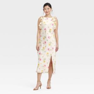 lot 20261 image: Womens Ruffle Sleeve Satin Maxi Dress - A New Day Cream Floral M Recycled Polyester, Pullover, A-Line