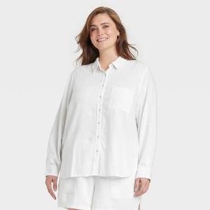 lot 20264 image: Womens Long Sleeve Collared Linen Button-Down Shirt - Universal Thread White 1X Relaxed Fit, Midweight Fabric