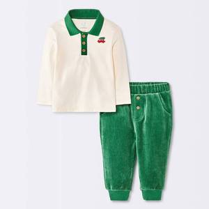 lot 20274 image: Baby Boys Christmas Holiday 2pc Long Sleeve Polo Shirt and Knit Corduroy Pants Set - Cloud Island Cream 24M