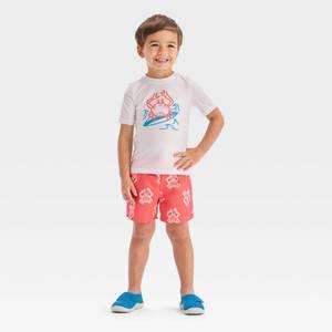 lot 20302 image: Toddler Boys Crab Printed Rash Guard Set - Cat & Jack Red 2T UPF 50, Adjustable Waistband, Built-in Brief
