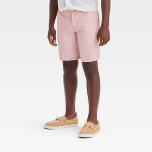 lot 20312 image: Boys Regular Fit Flat Front At the Knee Chino Shorts - Cat & Jack Pink 18 Husky Cotton Twill, Adjustable Waistband