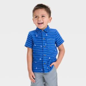 lot 20329 image: Toddler Boys Sailboat Printed Gauze Woven Shirt - Cat & Jack Blue 18M Cotton, Lightweight, Front Pocket