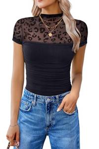 lot 20358 image: Avidlove Womenfts Short Sleeve Bodysuit Turtle Neck Body Suits Mesh One Piece Going Out Tops Brunch Outfits