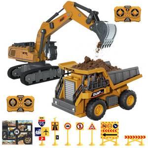 lot 20397 image: ZHYLLO 2 PCS Mini Remote Control Construction Vehicle Toy Set 164 Excavator and Dump Truck Toy Set with Lights Sounds and Traffic Sign and Construction Site Map Movable Parts GIFS for Kids and Adults
