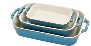lot 3287 image: 3-Piece Rectangular Baking Dish Set with Handles Turquoise White
