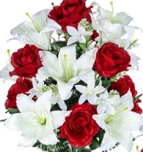 lot 13615 image: Mixed Artificial Flowers Red Roses White Flowers Green Leaves Bundle