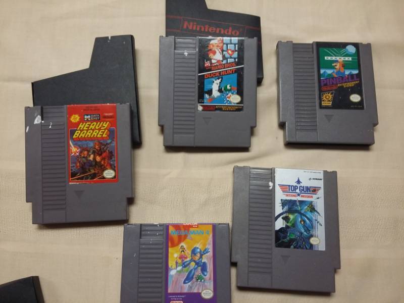 lot 4035 image: Five Original Nintendo Games - Heavy Barrel,Mario Bros, Pinball, Top Gun, Megaman 4