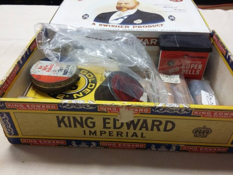 lot 4038 image: King Edward Cigar Box with Pellets and BBs Inside